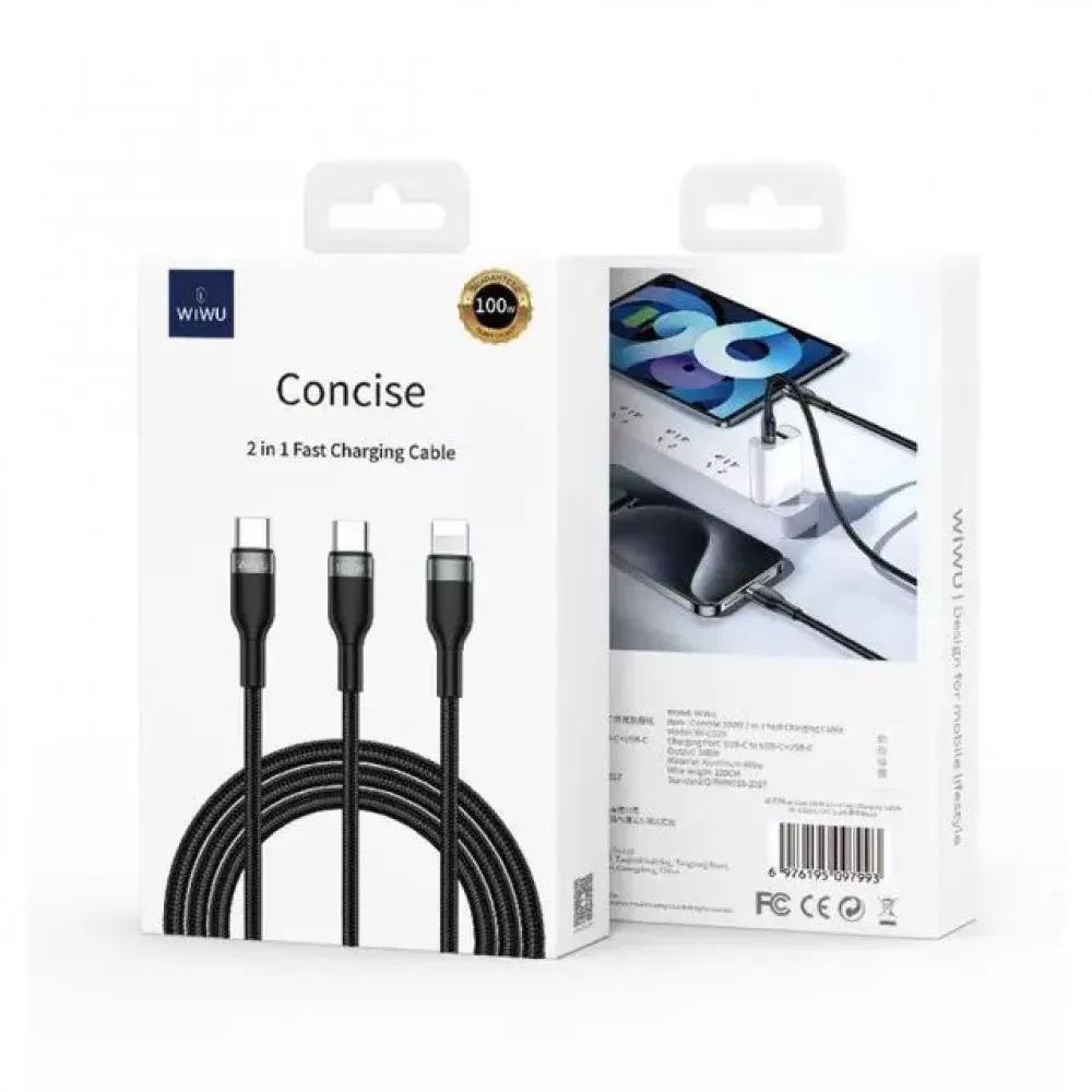 WiWU WI-C029 100W 2in1 USB-C to USB-C + Lightning Cable 1.2M - фото 3