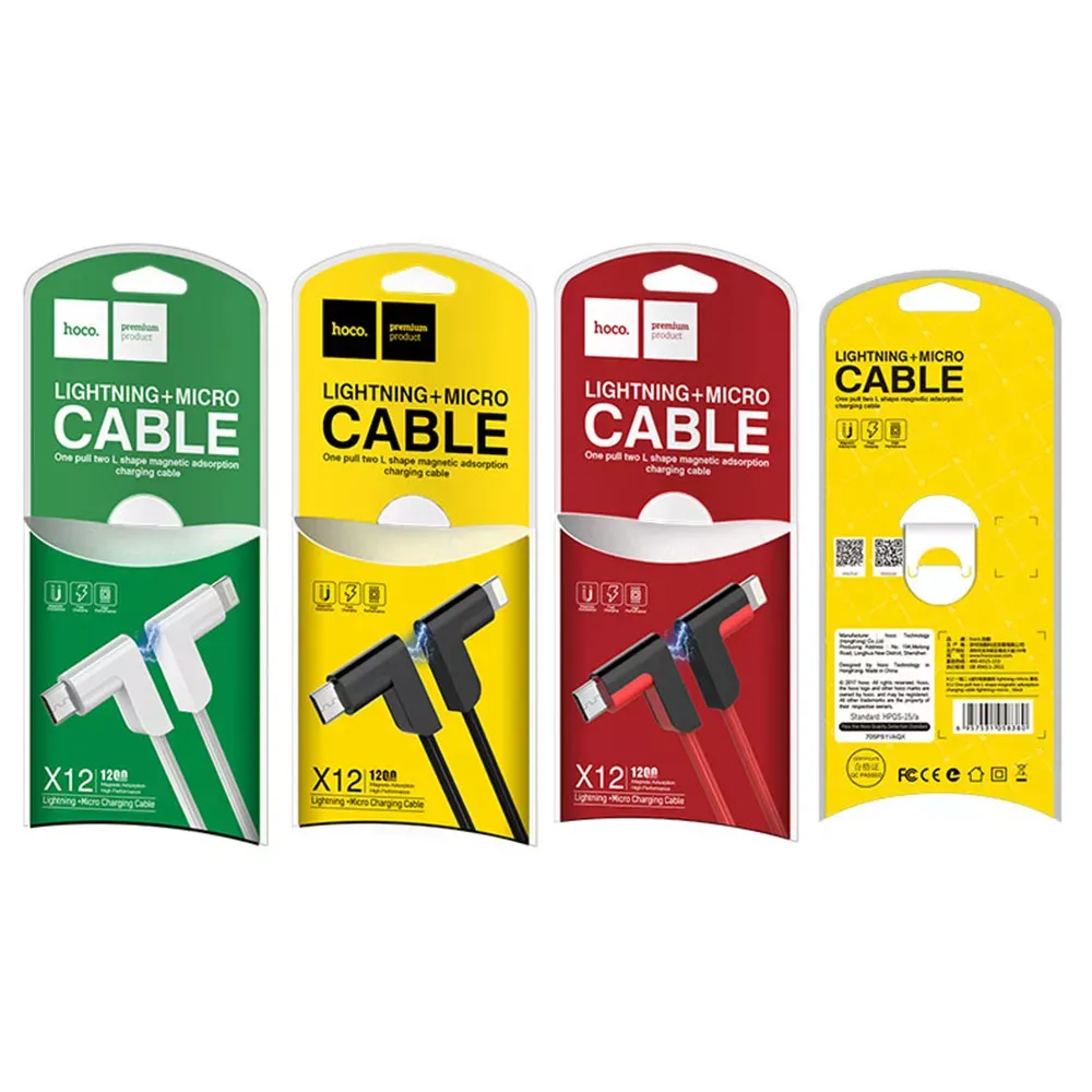 Кабель 2 in 1 ( L , M ) 2.4A (1.2m) Hoco X12 L shape , Magnetic Adsorption - фото 4