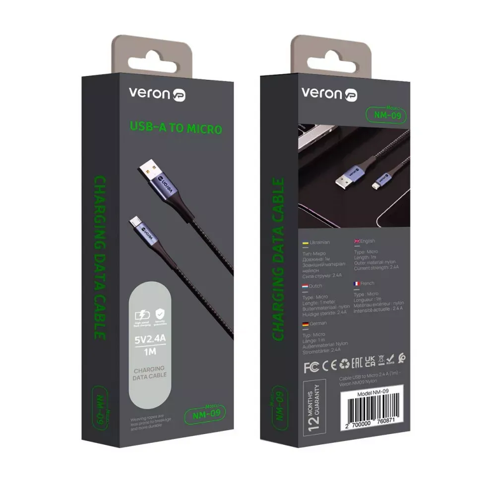 Кабель Micro 2.4A (1m) Veron NM09 Nylon — Black - фото 3
