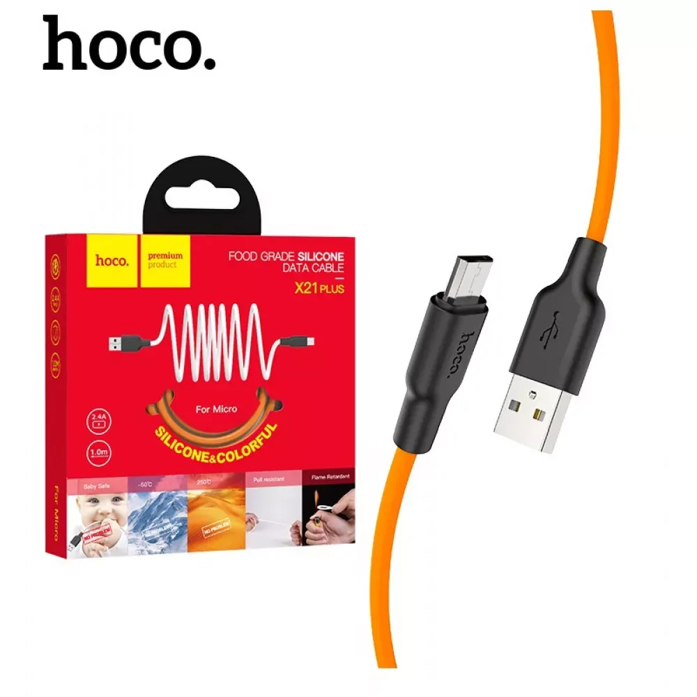 Кабель Micro 2.4A (1m) — Hoco X21 Plus Silicone — Black＆orange - фото 3