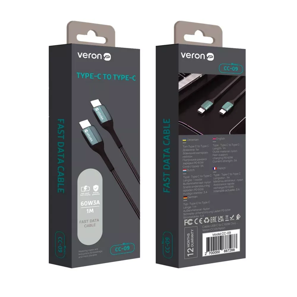 Кабель USB C to C 3A PD Veron CC09 Nylon — Black — фото 3