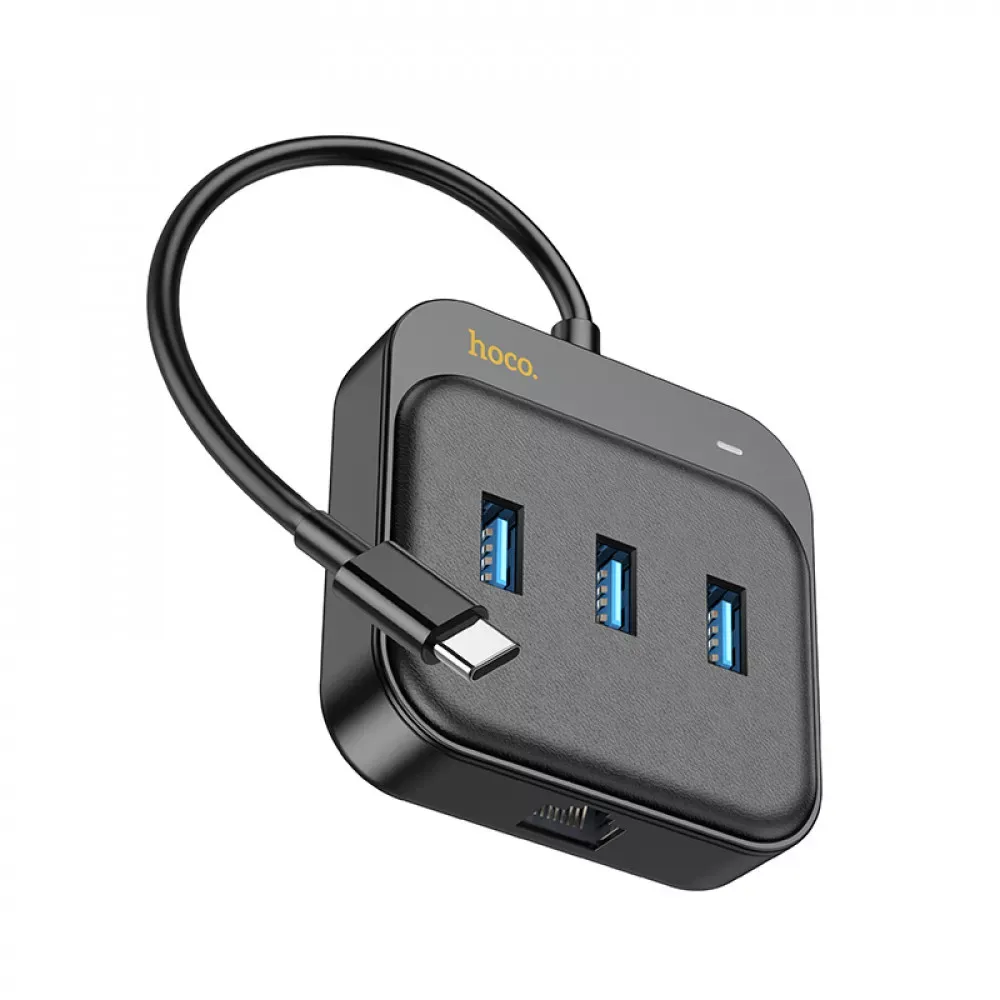 USB Ethernet Adapter Easy link 4-in-1 Gigabit USB C to USB3.0*3+RJ45 Hoco HB35 — Black — фото 5