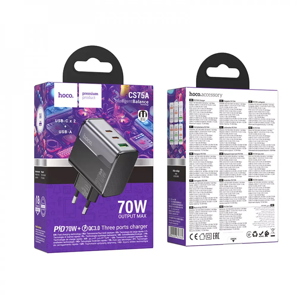 Home Charger 70W 2PD QC 3.0 Hoco CS75A — Black - фото 3