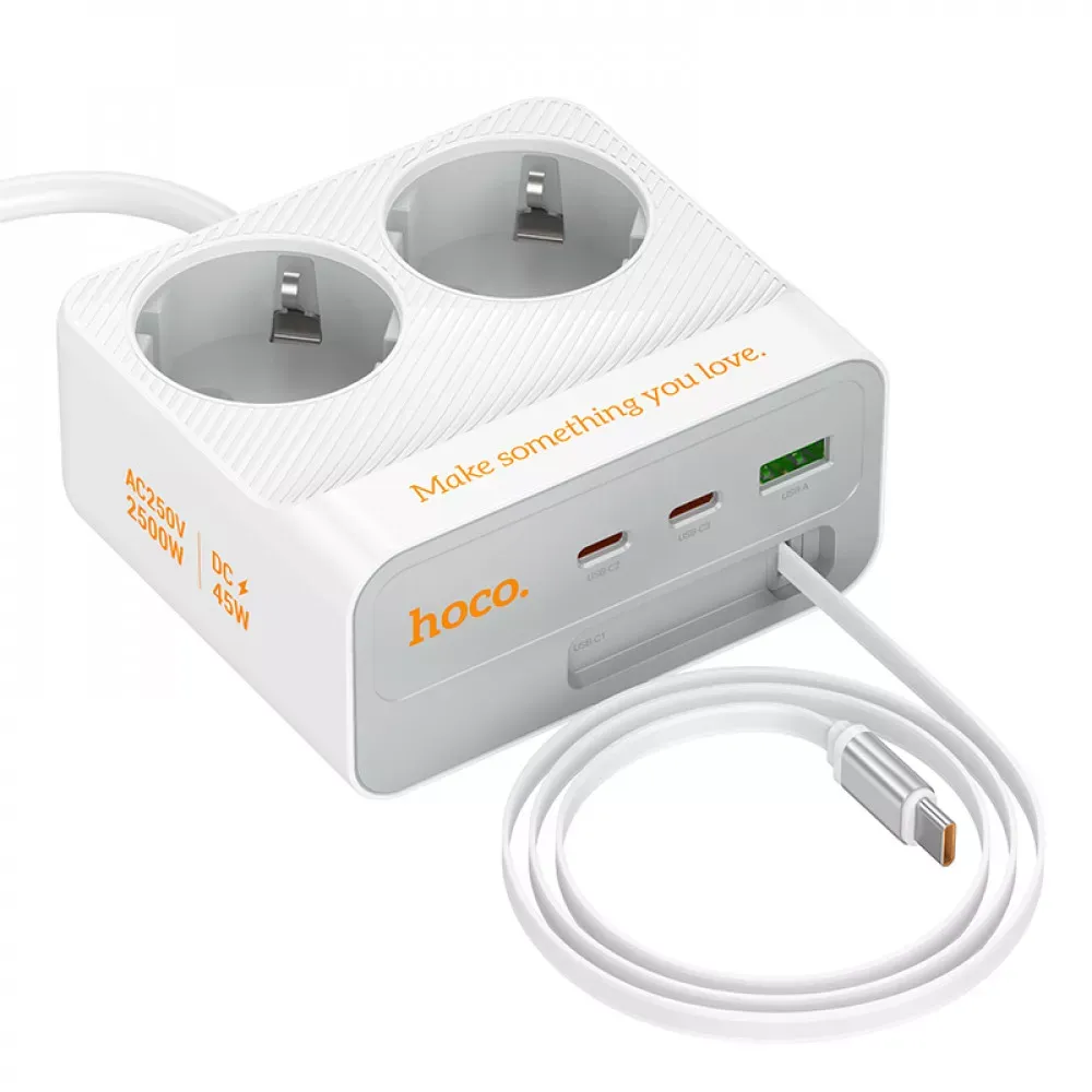 Power Extension 1U | 2P | 3C — Hoco AC28 L=2M  — White - фото 4