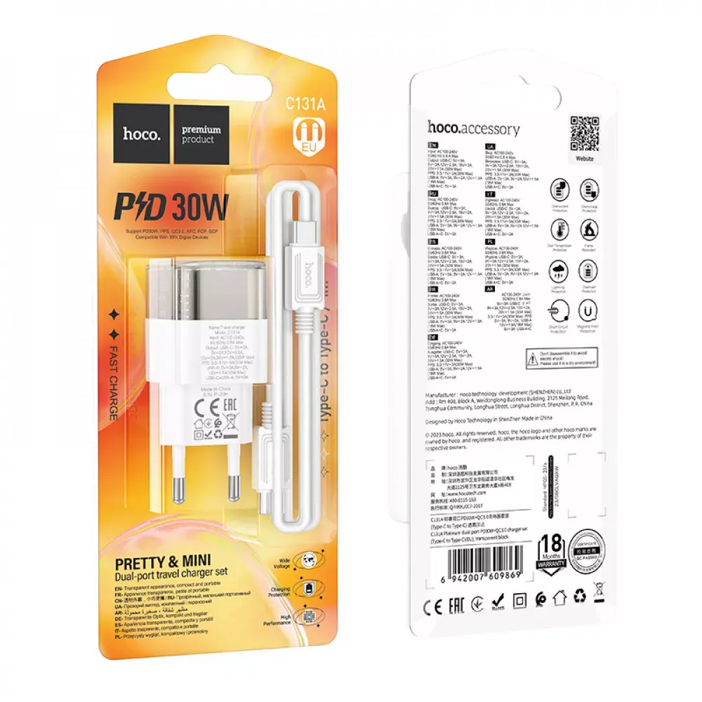 Home Charger 30W PD QC3.0 C to C Cable (1m) Hoco C131A — Transparent Black - фото 3