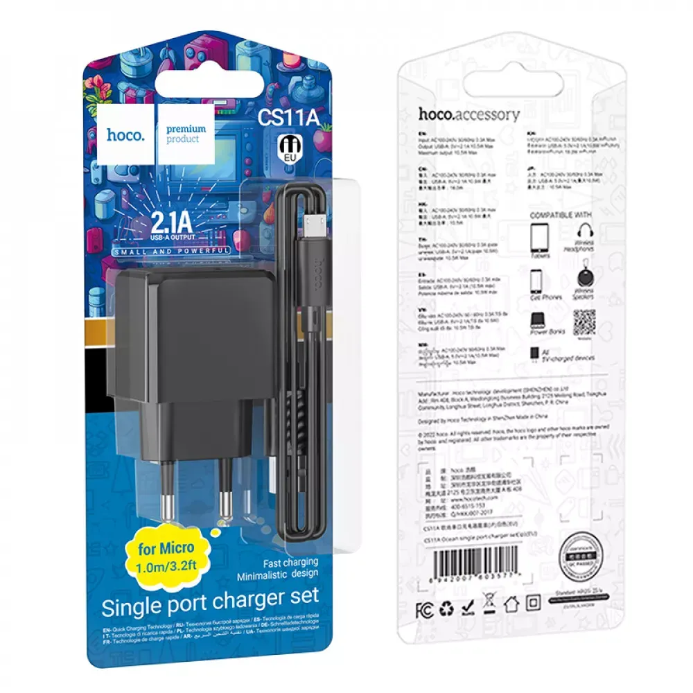 Home Charger | 2.1A | 1U | Micro Cable (1m) — Hoco CS11A — Black - фото 3