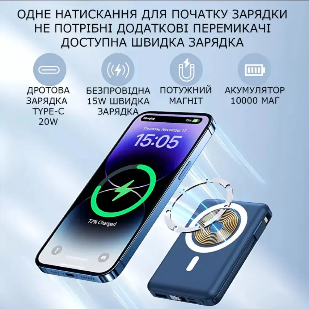 Power Bank 10000 mAh | Yiisonger KT-D011, 22.5W, MagSafe 18W, + 2 кабеля Type-C и IP, Синий - фото 3