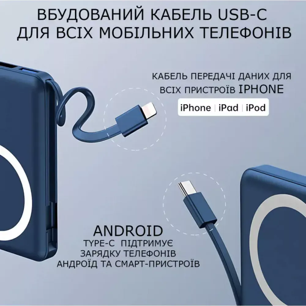 Power Bank 10000 mAh | Yiisonger KT-D011, 22.5W, MagSafe 18W, + 2 кабеля Type-C и IP, Синий - фото 6