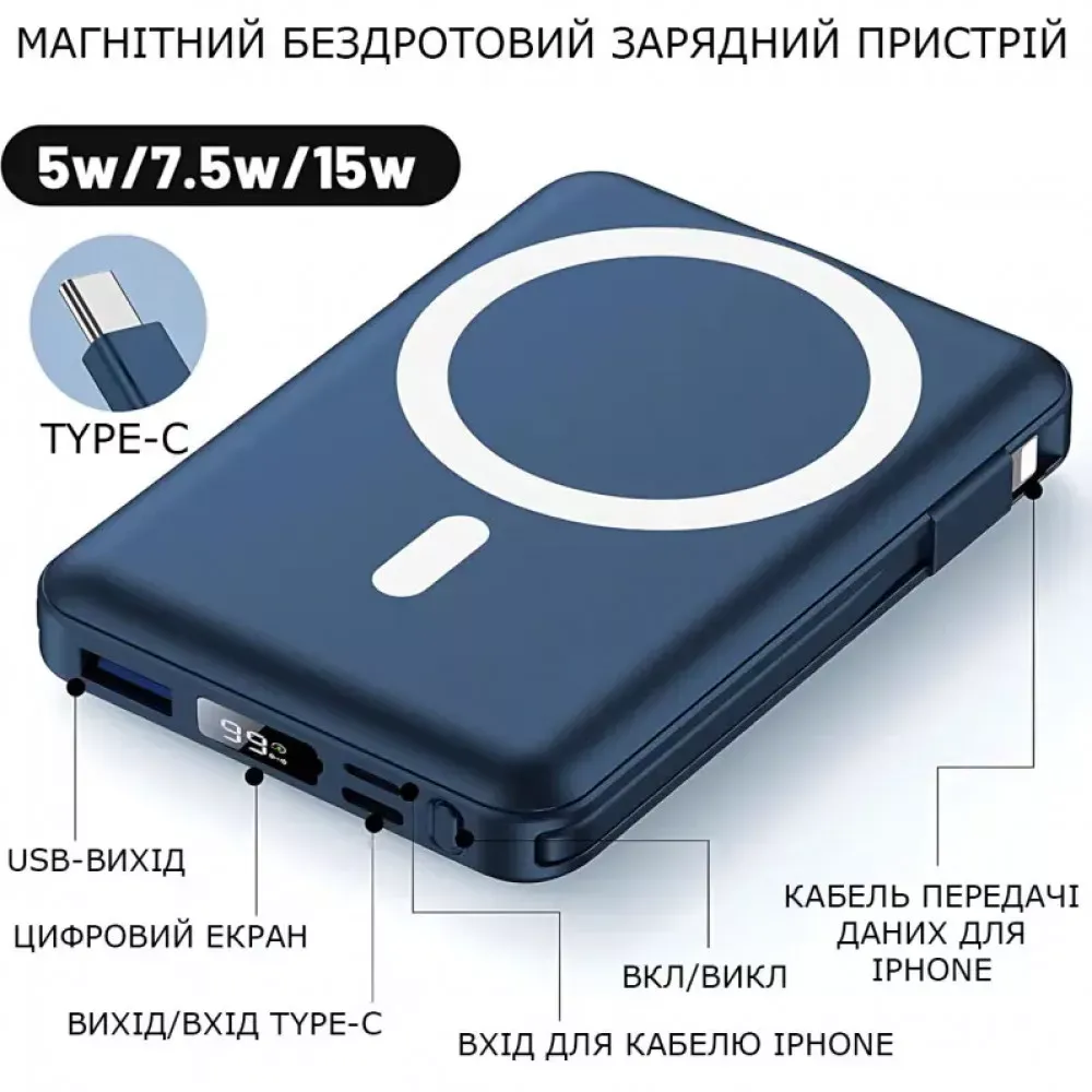 Power Bank 10000 mAh | Yiisonger KT-D011, 22.5W, MagSafe 18W, + 2 кабеля Type-C и IP, Синий - фото 7