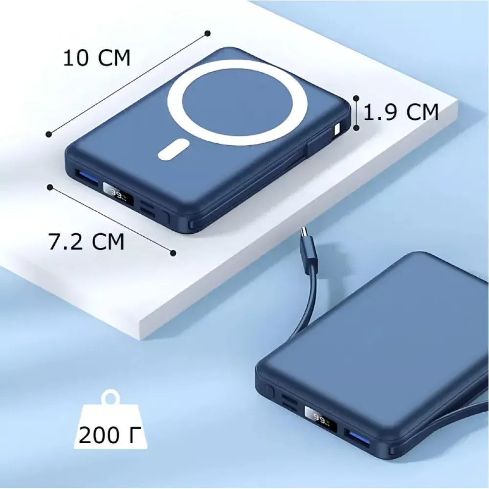 Power Bank 10000 mAh | Yiisonger KT-D011, 22.5W, MagSafe 18W, + 2 кабеля Type-C и IP, Синий - фото 9