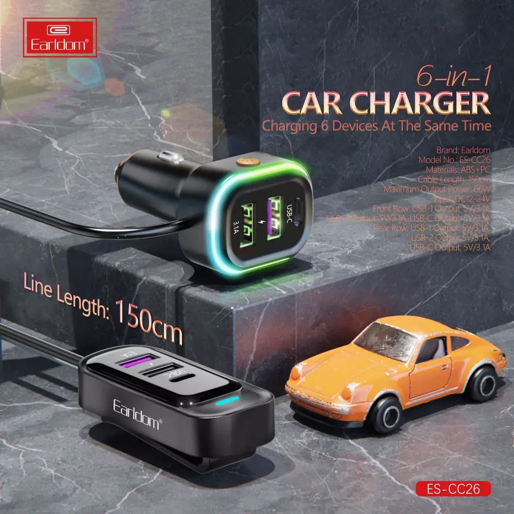 Car Charger 2.4A 4U 2C Earldom ES-CC26 - фото 4