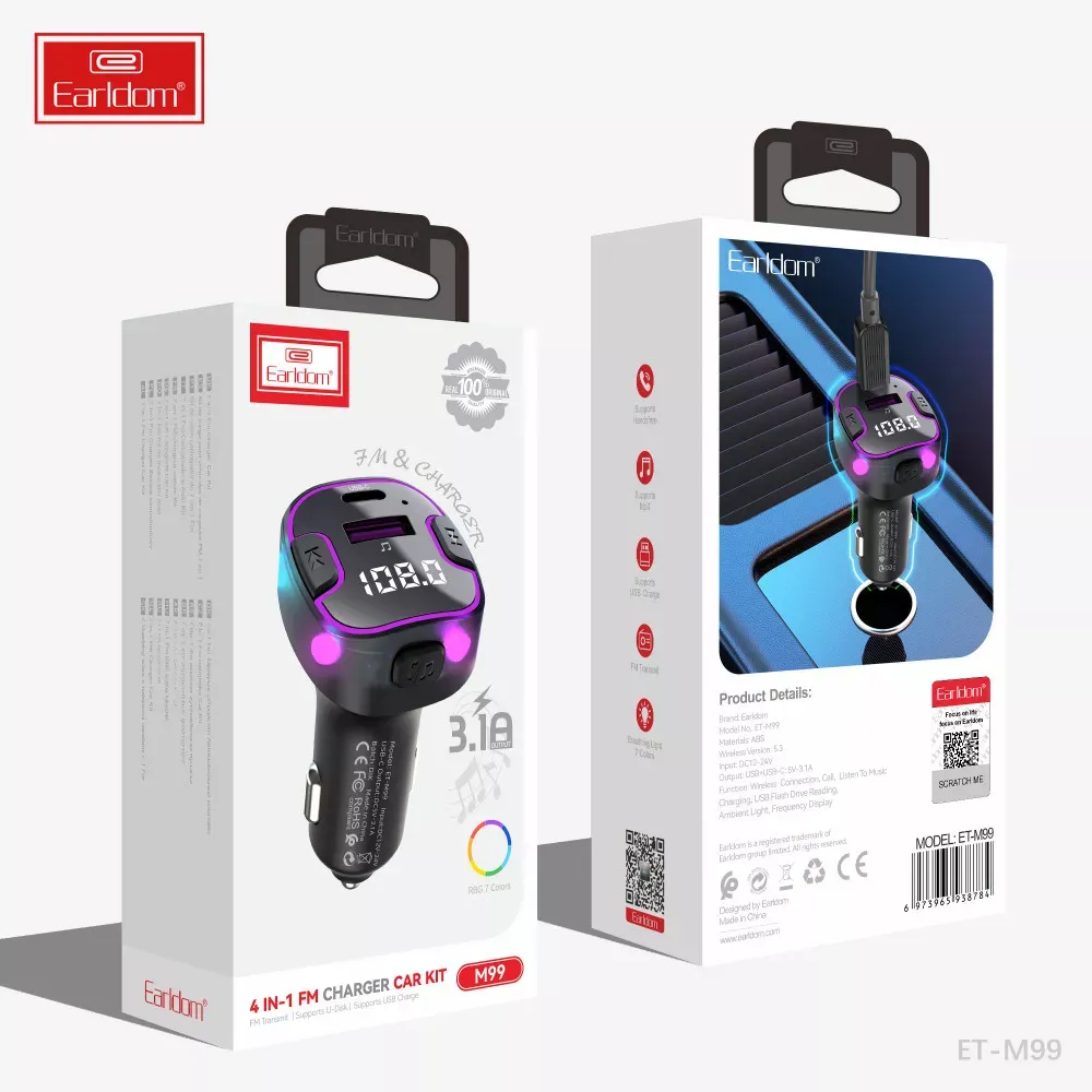 Fm Modulator MP3 Car Charger 3.0A 1U 1C Earldom ET-M99 - фото 3