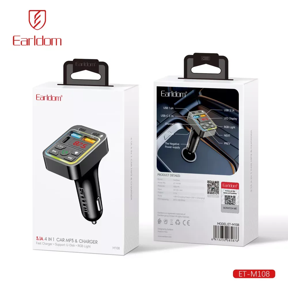 Fm Modulator MP3 | Car Charger | 3.1A | 2U | 1C — Earldom ET-M108 - фото 3