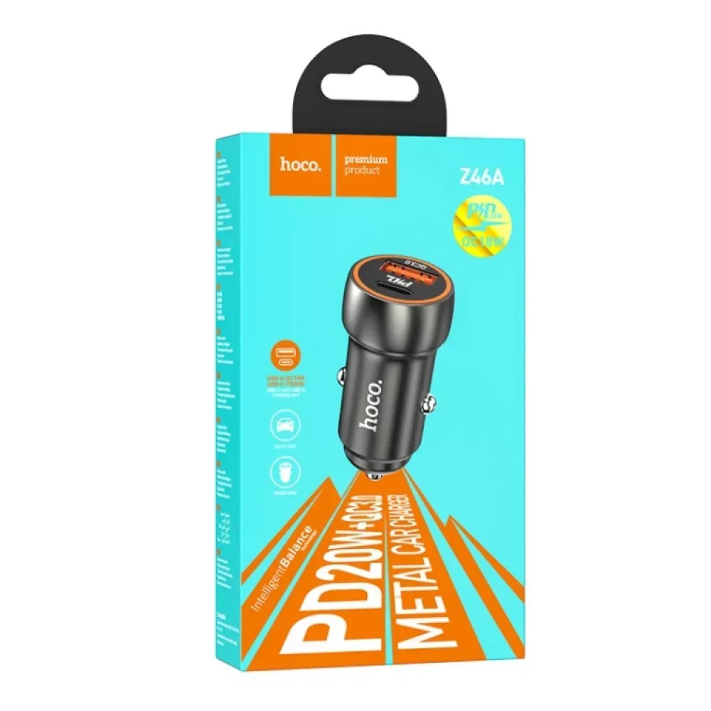 Car Charger | 20W | PD | USB QC3.0 | USB-C | — Hoco Z46A — Metal Gray — фото 3