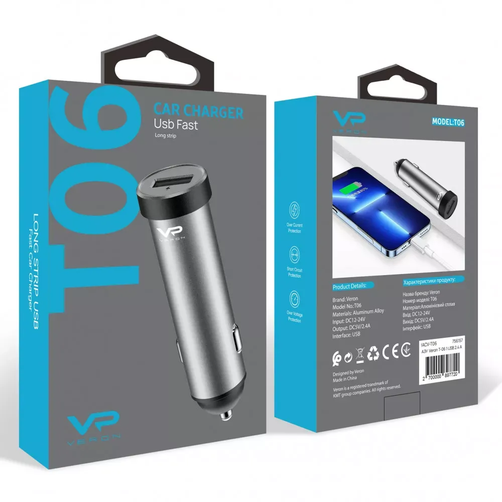 Car Charger | 12W | USB | 2.4A | — Veron T-06 — фото 3