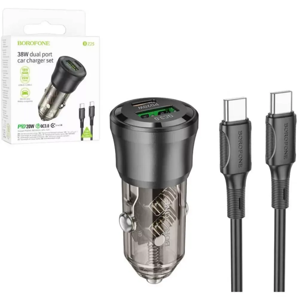 Car Charger | 38W | PD | QC3.0 C to C Cable (1m) — Borofone BZ25 — Borofone