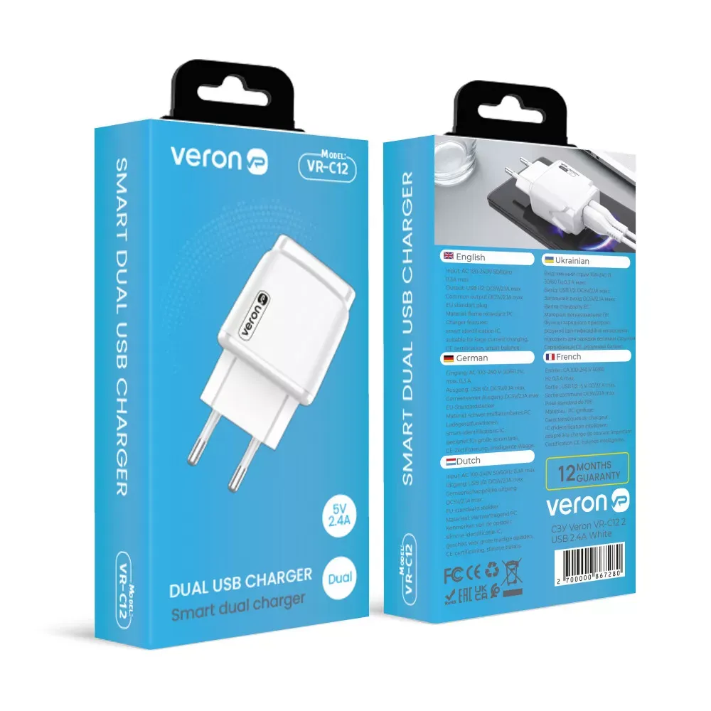 Home Charger 2.4A 2U Veron VR-C12 — White — фото 3