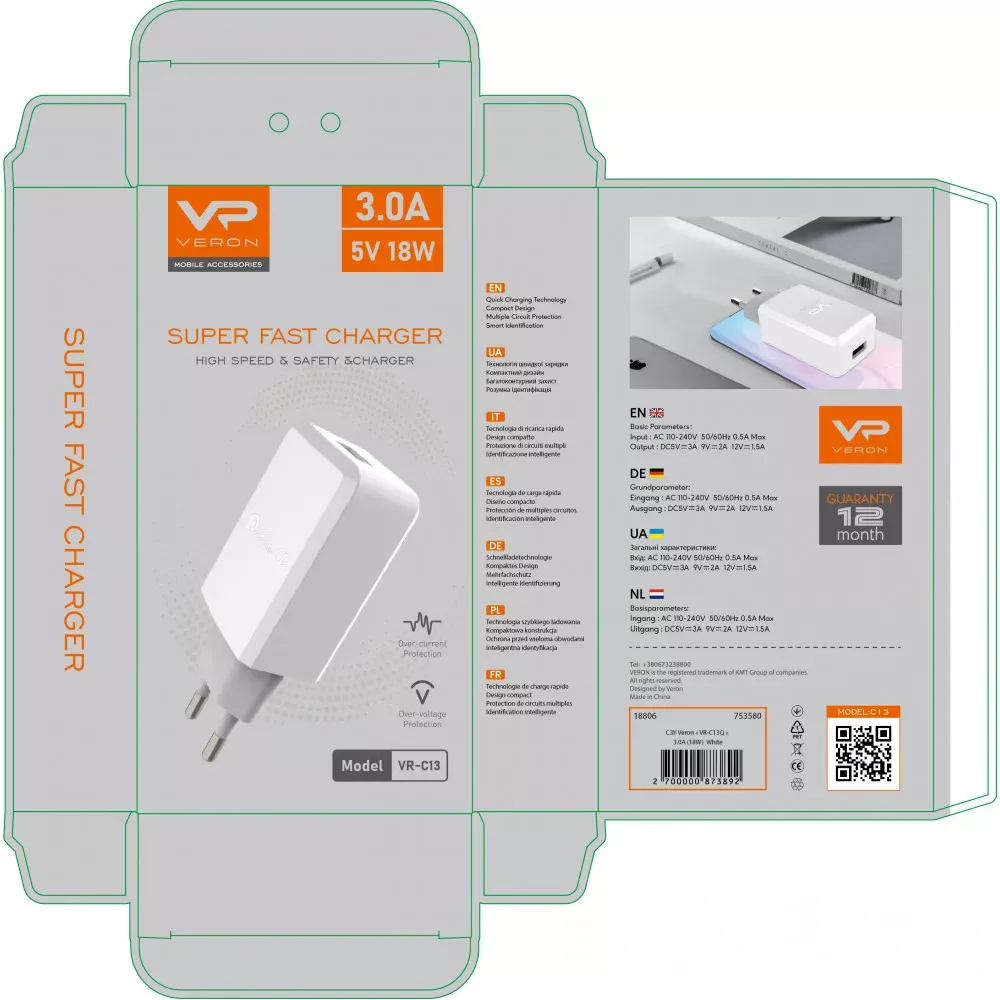 Home Charger | 18W | 1U — Veron VR-C13Q — White — фото 4