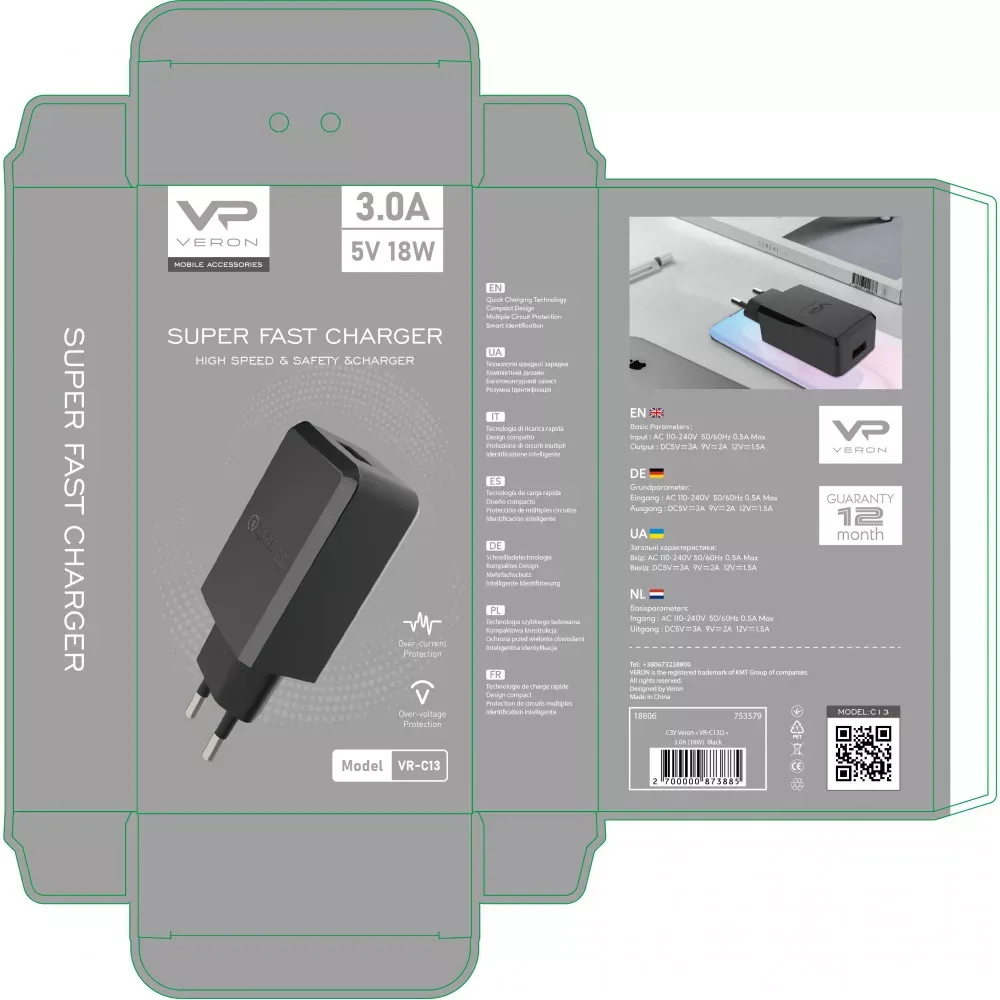 Home Charger | 18W | 1U — Veron VR-C13Q — White — фото 5