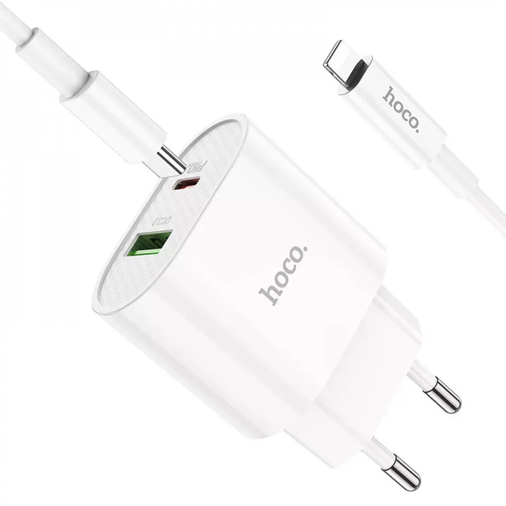 Home Charger 20W PD QC3.0 C to Lightning Cable (1m) Hoco C95A — White — Hoco