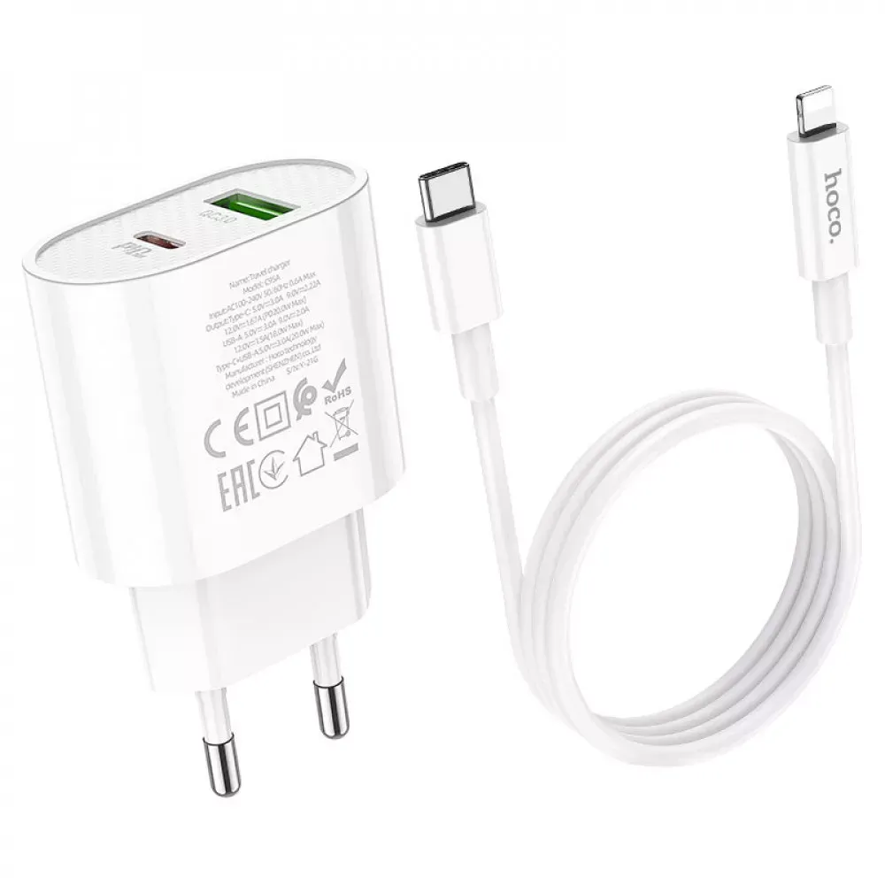 Home Charger 20W PD QC3.0 C to Lightning Cable Hoco C95A — White — фото 9