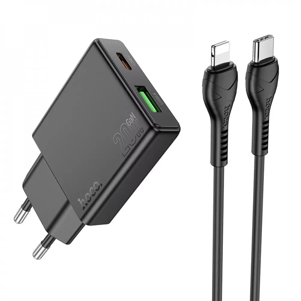 Home Charger 20W PD QC3.0 C to Lightning Cable (1m) Hoco N38 — Black — Hoco