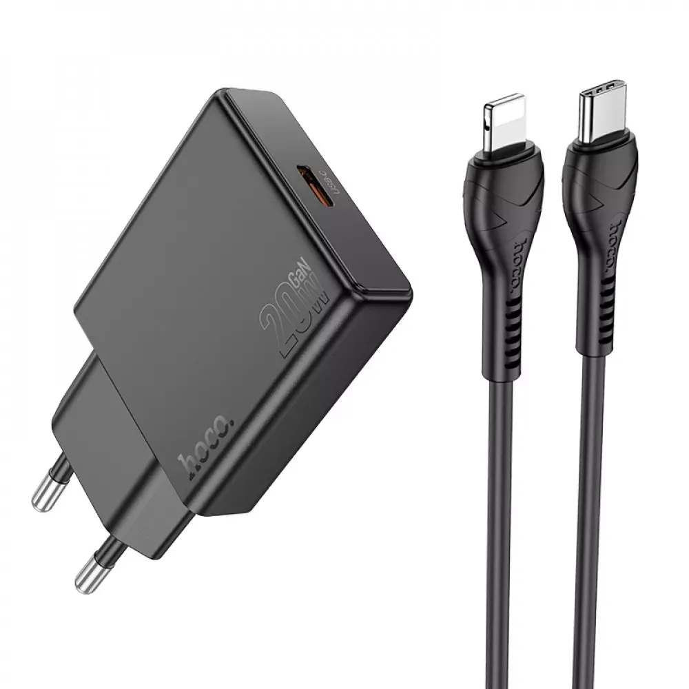 Home Charger 20W PD3.0 C to Lightning Cable (1m) Hoco N37 — Black — Hoco