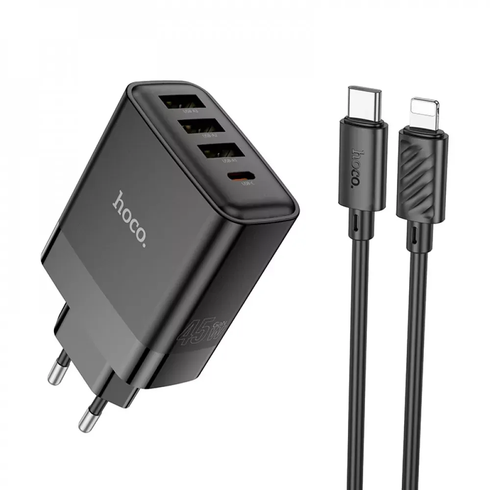 Home Charger 45W PD QC3.0 C to Lightning Cable (1m) Hoco C127A — Black — Hoco