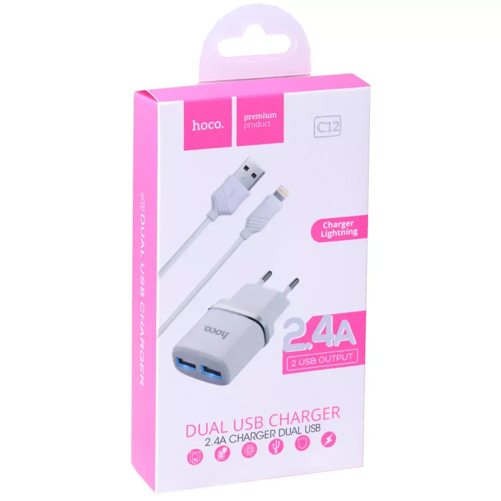 Home Charger 2.4A 2U Micro Cable (1m) Hoco C12 White — Распродажа
