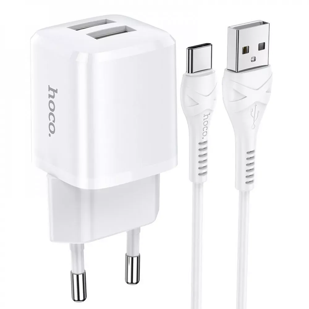 Home Charger 2.4A 2U USB C Cable (1m) Hoco N8 — White — Hoco