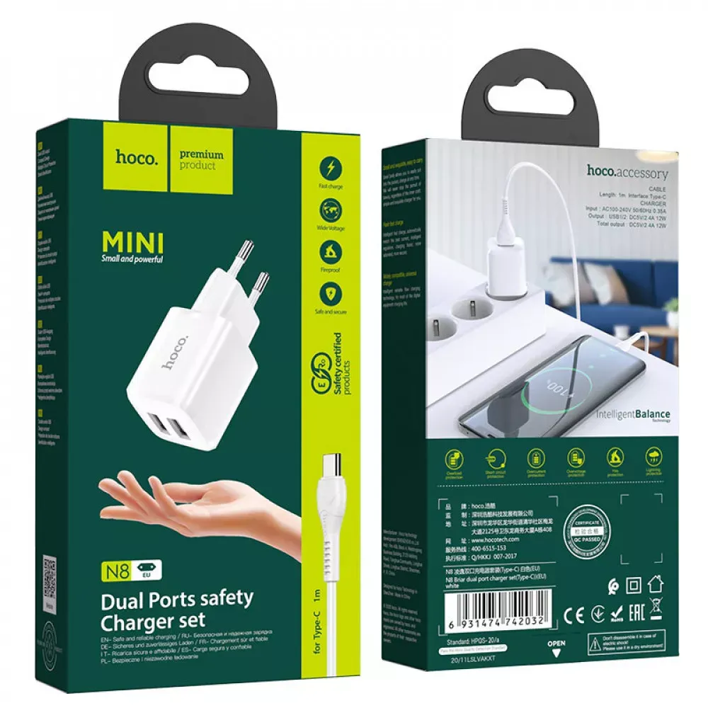 Home Charger 2.4A 2U USB C Cable Hoco N8 — White — фото 3
