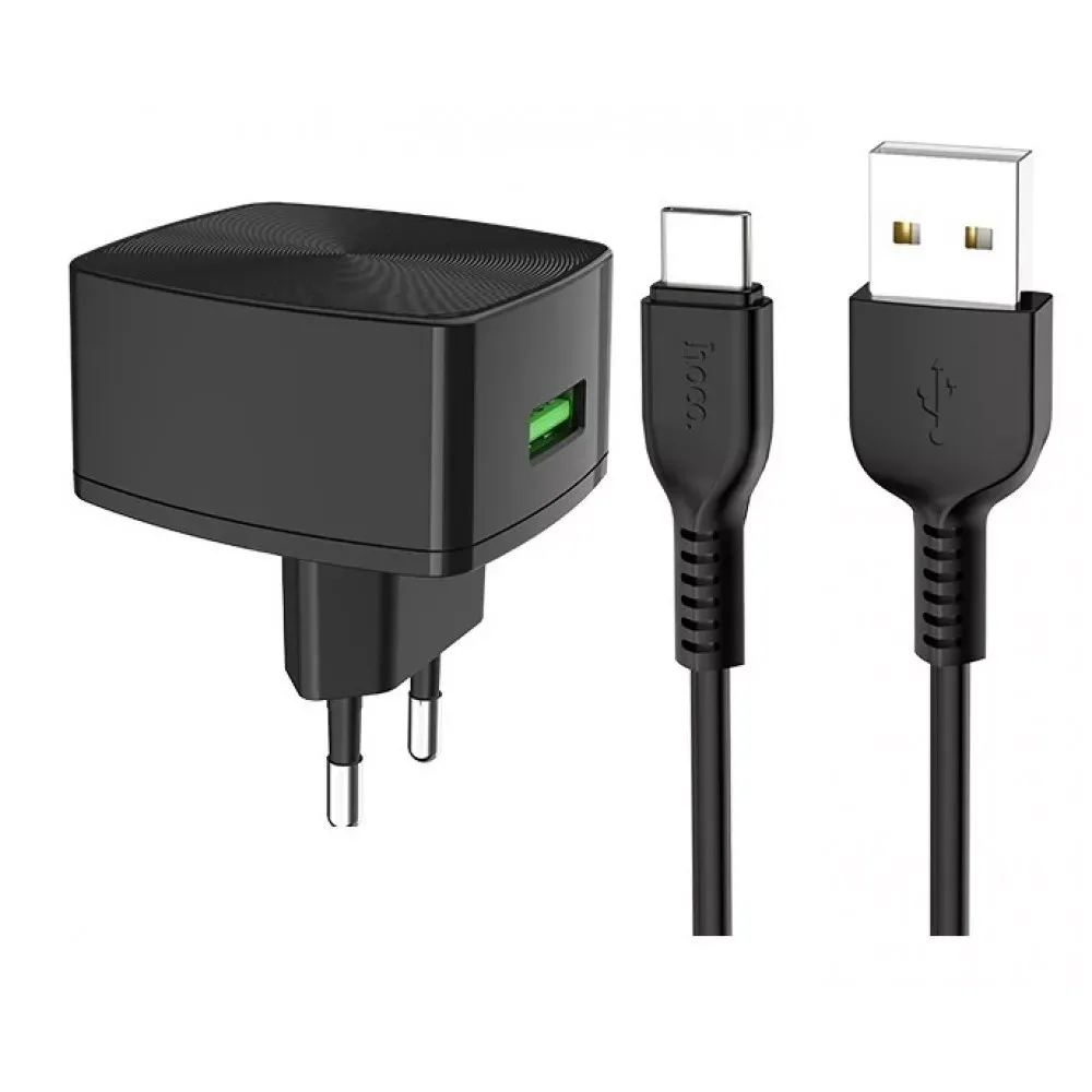Home Charger | 18W | QC3.0 | USB C Cable (1m) — Hoco C70A — Black — Hoco