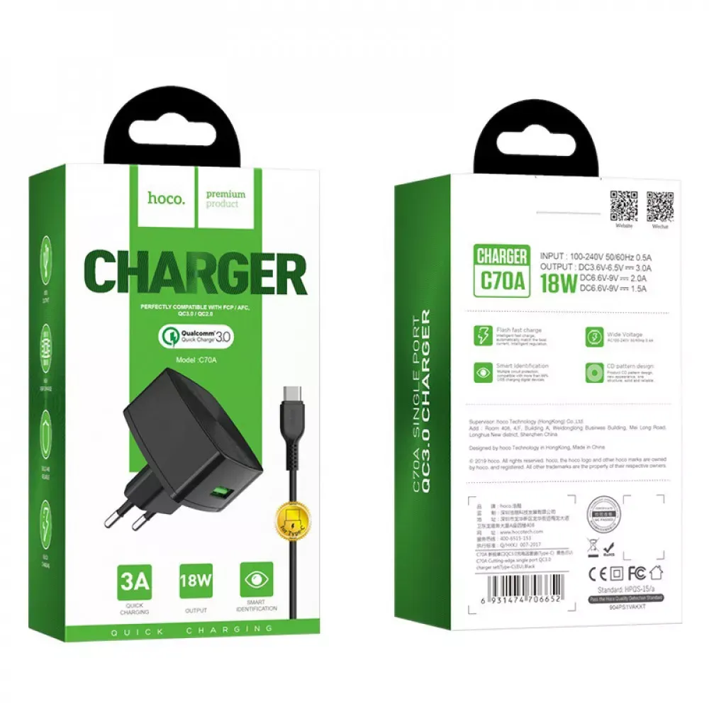 Home Charger | 18W | QC3.0 | USB C Cable — Hoco C70A — Black — фото 3