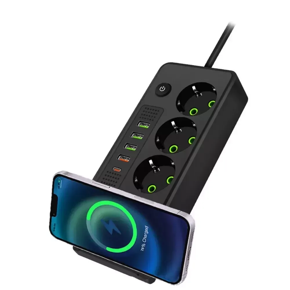 Сетевой фильтр 4 usb 1c +3 розетки +функция безпроводной зарядки. кабель 3 метра — фото 3