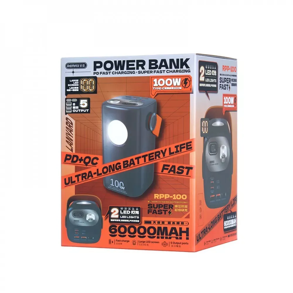 Power Bank 60000 mAh 100W+22.5W— Remax RPP-100 with light Fast charging — Blue — фото 3
