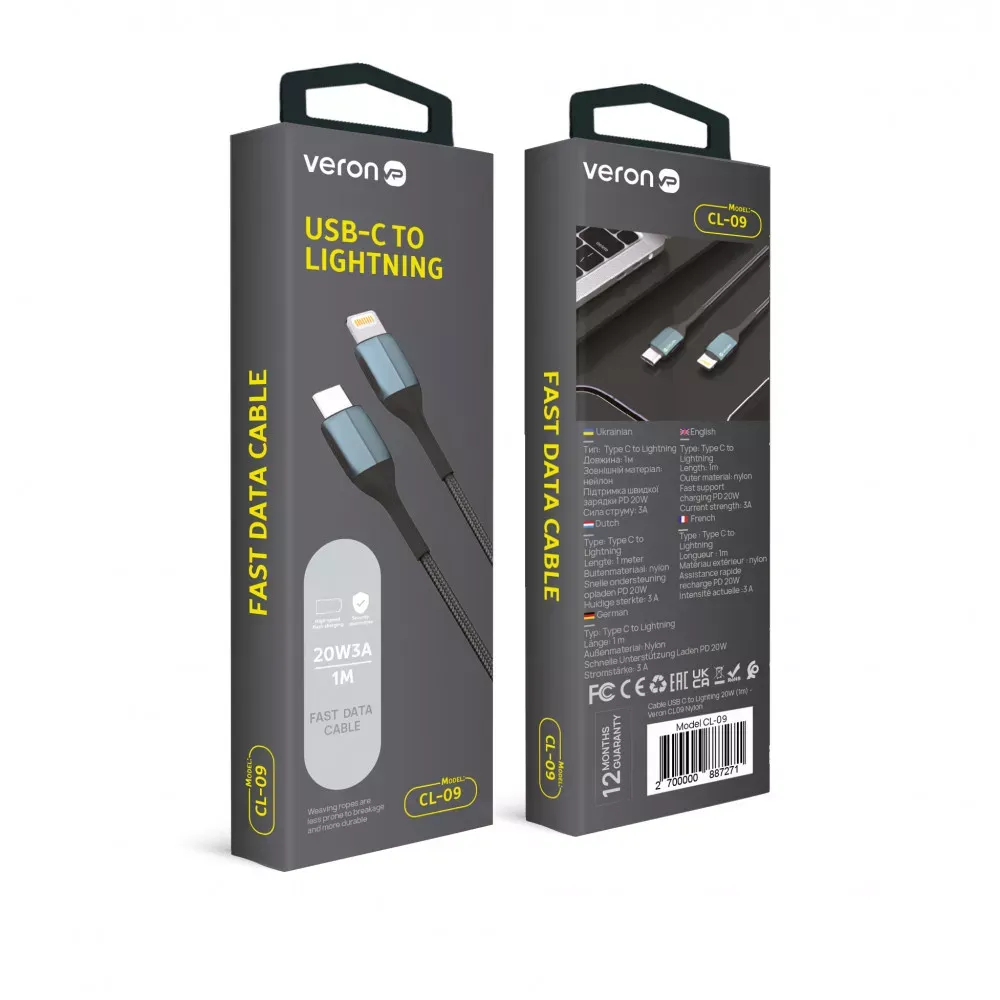 Кабель USB C to Lightning 20W PD Veron CL09 Nylon — Black — фото 3