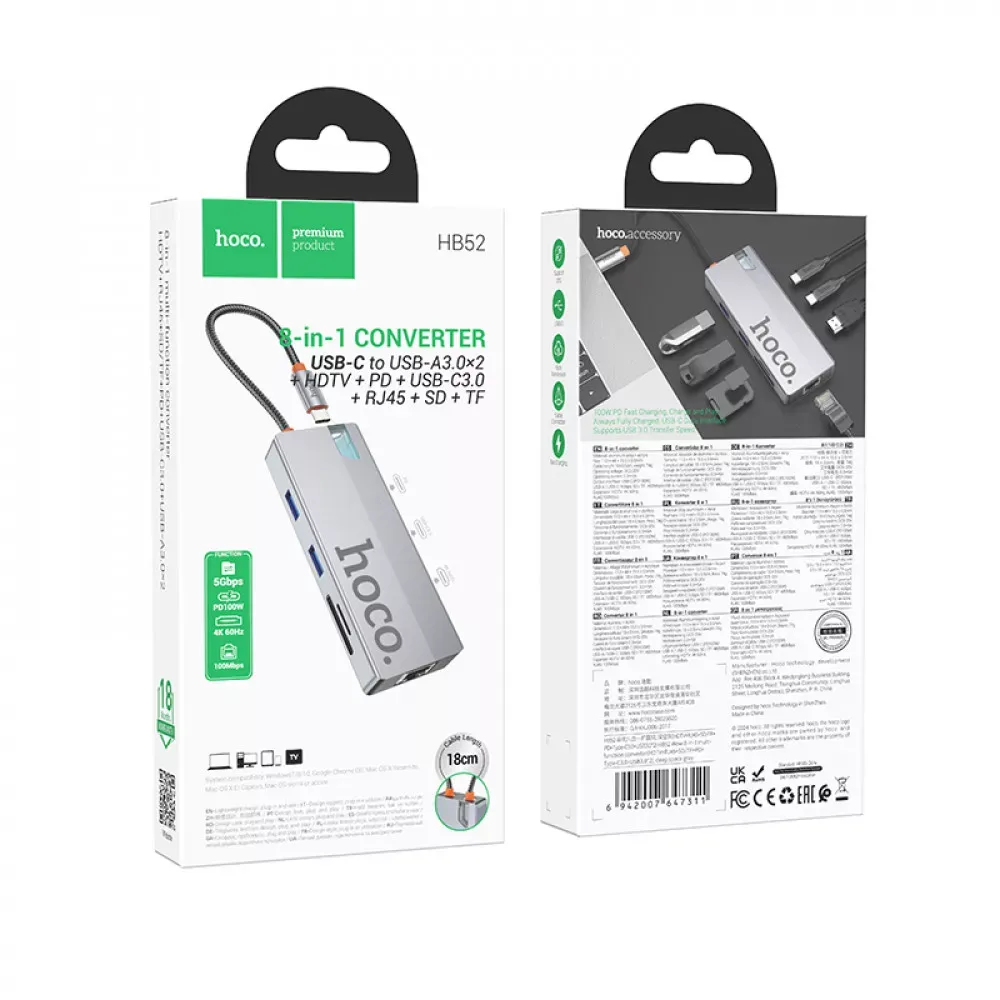 HUB USB C To HDTV / RJ45 / SD/TF / PD / Type-C3.0 2USB — Hoco HB52 — фото 3
