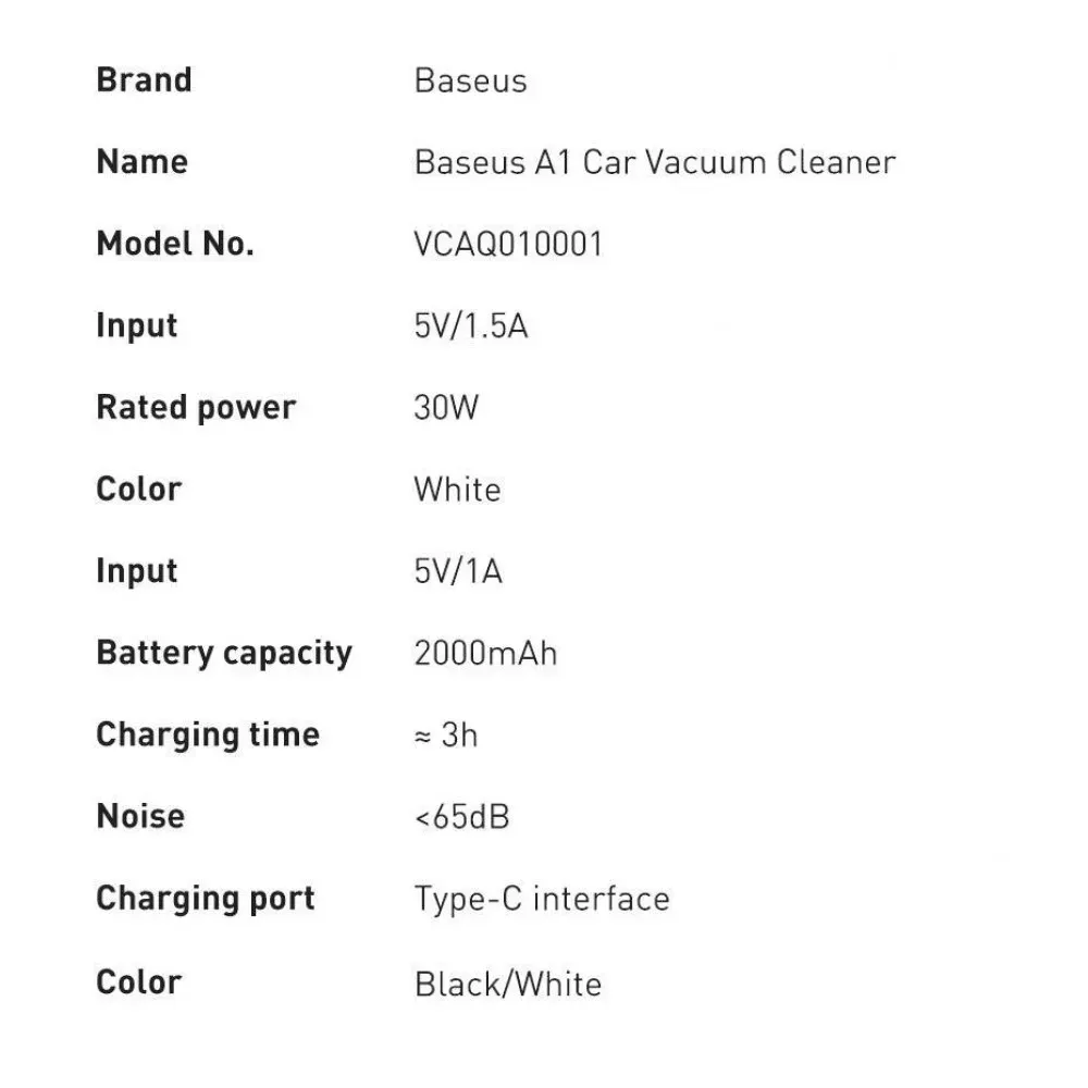 Car Vacuum Cleaner Baseus A1 Dark Space Black — VCAQ010001 Black — фото 6
