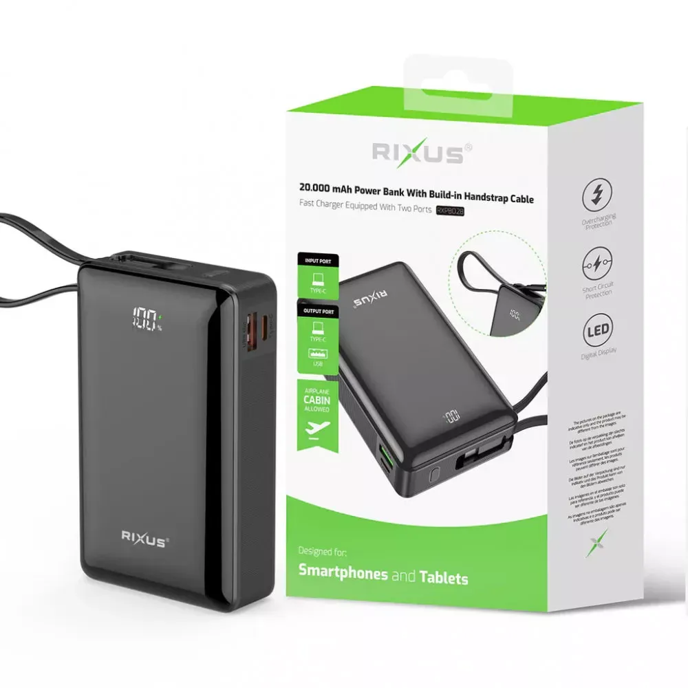 Power Bank 20000 mAh | 22.5W —Rixus RXPB02B With USB-C Cable Built-in — фото 3