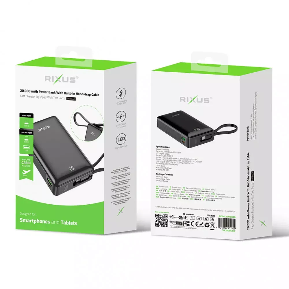 Power Bank 20000 mAh | 22.5W —Rixus RXPB02B With USB-C Cable Built-in — фото 4