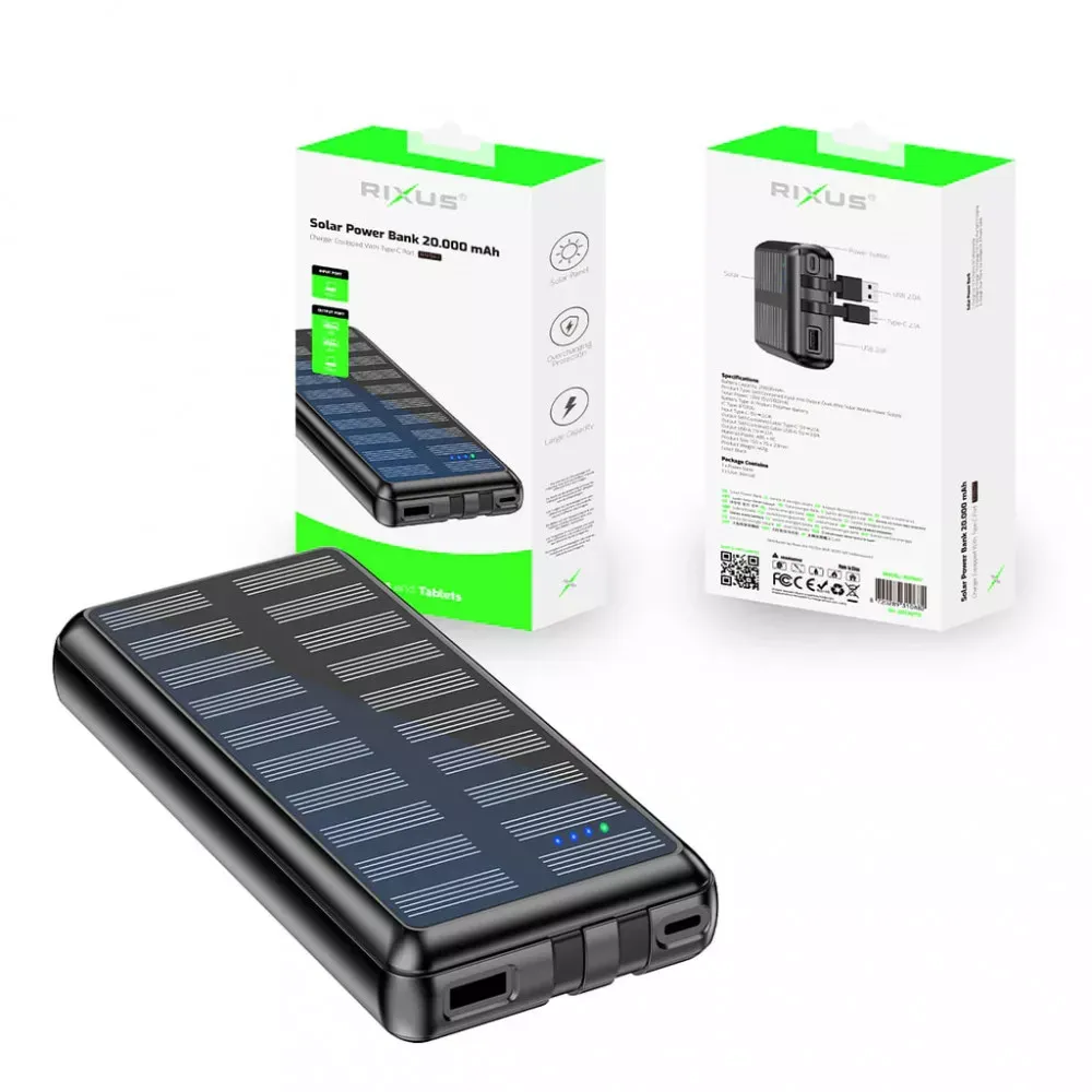 Power Bank 20000 mAh | 22.5W —Rixus RXPB47 Solar With Built-in Cables — фото 3