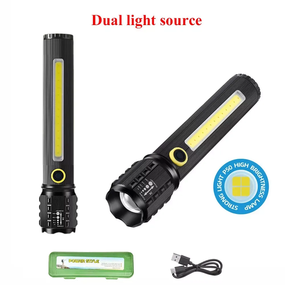 Фонарь ручной Аккумуляторный LED  C73  с боковым диодом три режима работы, основной свет, боковой LED свет и стробоскоп — Различные