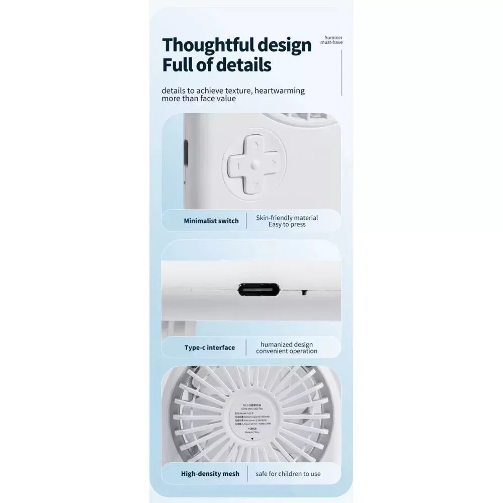 Портативный мини вентилятор N12-B - 800 mAh — White — фото 6